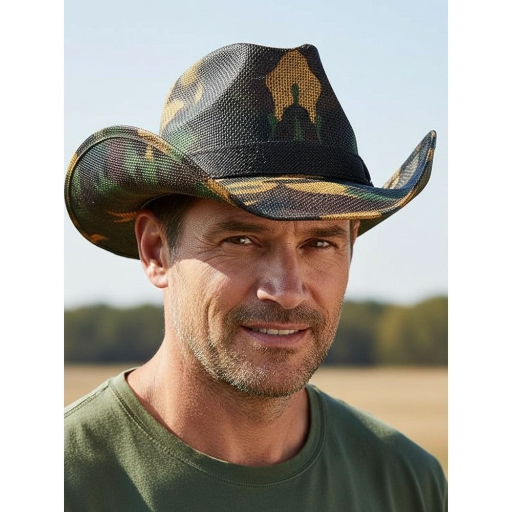 Mens Camouflage Straw Cowboy Hat Woodland Camo Western Sun Hat Wide Brim Summer